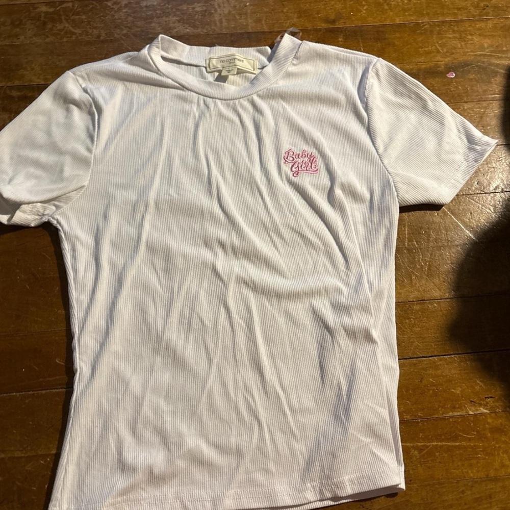 White T-Shirt with Pink Embroidery